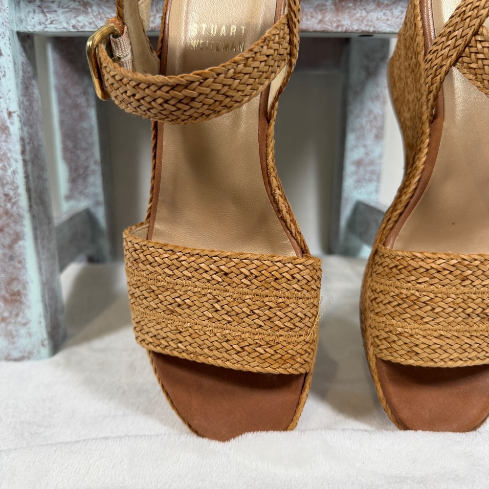 Stuart Weitzman Barbados Wedge Sandals Women 5.5 Tan Woven Platform Ankle Strap - Picture 9 of 11